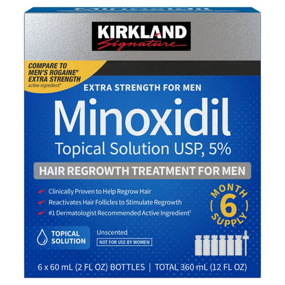 Kirkland Signature Hair Regrowth Treatment Extra Strength for Men, 5% Minoxidil Topical Solution, 2 fl oz, 6-pack